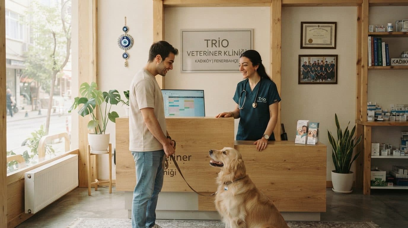 Veteriner hekim, köpeğiyle gelen bir hasta sahibini resepsiyonda karşılıyor